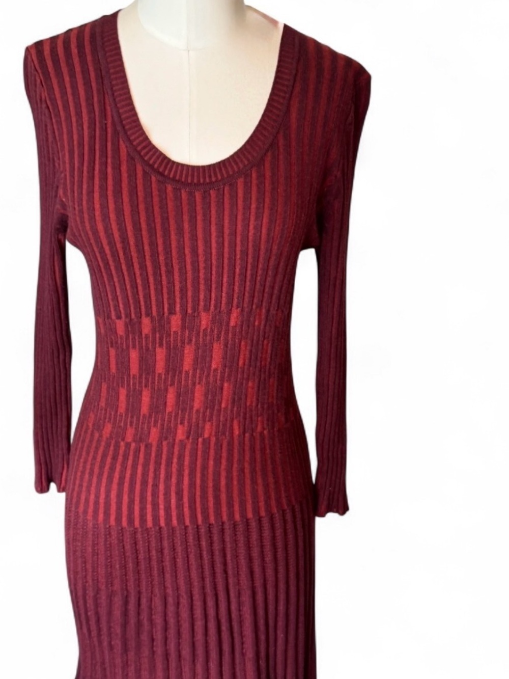 Max Studio Ribbed Long-Sleeve Knit Dress in Burgundy textured design cotton bl - Picture 2 of 8